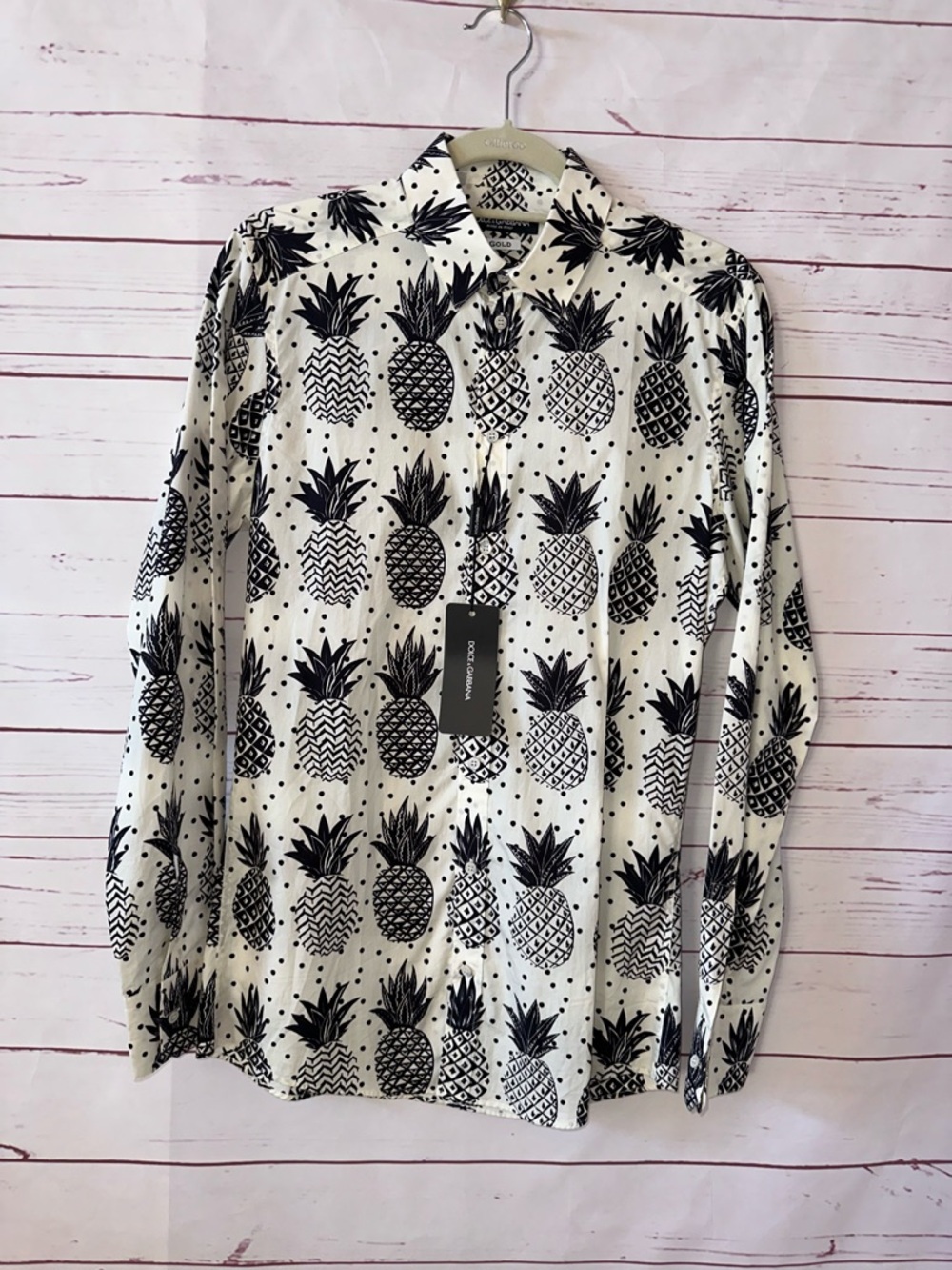 NWT DOLCE & GABBANA Men’s 15/38 Pineapple Hawaiian Shirt Off-White Black Cotton